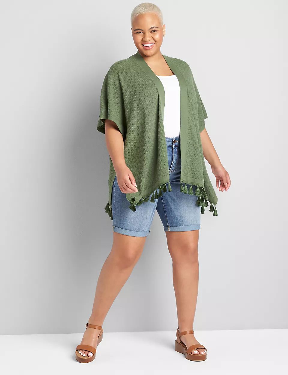 Open-Front Pointelle Fringe Poncho | Lane Bryant (US)