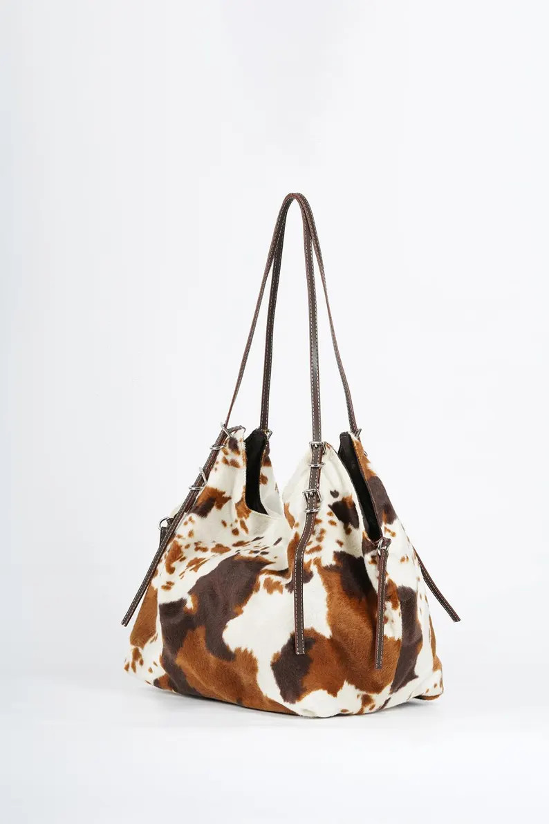 Fuzzy Cow Print Oversized Tote Bag, Western Cowhide Purse, Animal Print Purse, Casual Designer Sh... | Etsy (US)