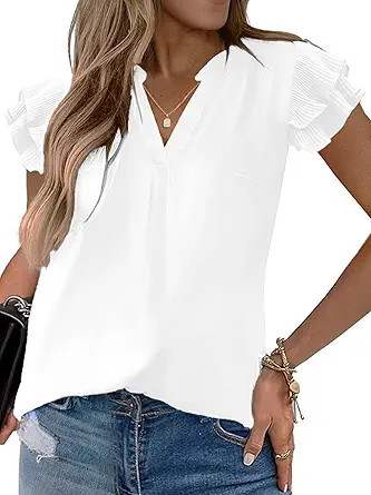 Sucolan Women's Summer Tops Dressy Casual Notch V Neck Ruffle Short Sleeve Flowy Shirts Cute Blou... | Amazon (US)