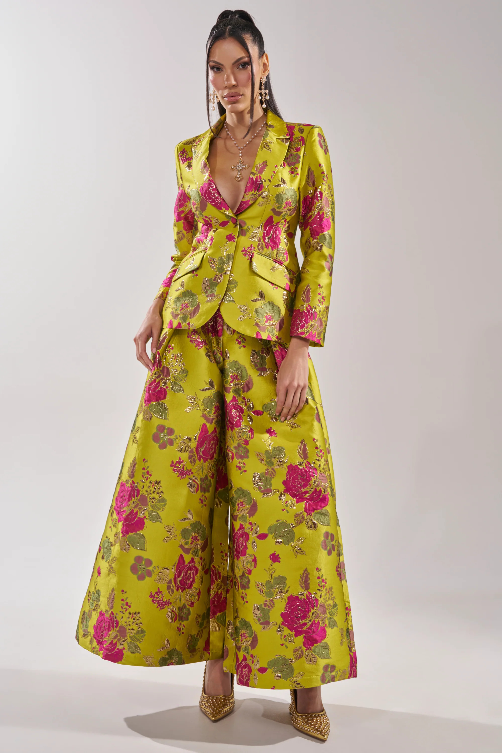 BUY MYSELF FLOWERS BROCADE TROUSER IN LIME | AKIRA