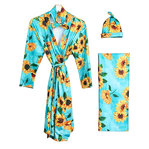 Mommy and Me Robe and Swaddle Set Floral Print Maternity and Baby Matching Hospital Labor Delivery Swaddling Wrap Blanket Dress with Headband Hat for Mom and Girl Boy 4pcs Outfit Blue Sunflower S/M | Amazon (US)