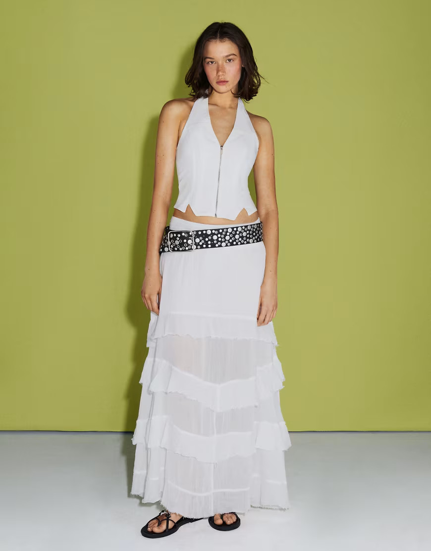 Bershka ruffled maxi skirt in white | ASOS (Global)