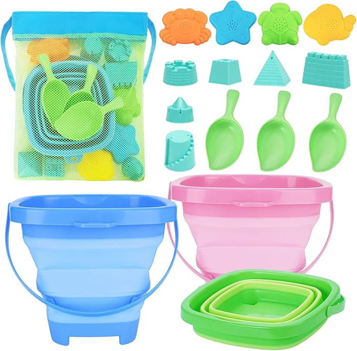 Collapsible Foldable Beach Sand Buckets and Shovels Set - Beach Toys for Kids with Mesh Bag & San... | Amazon (US)
