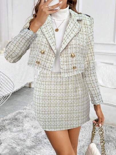 SHEIN Clasi 2pcs Elegant Commuter Plaid Double-Breasted Cropped Jacket And Mini Skirt Suit Set SK... | SHEIN