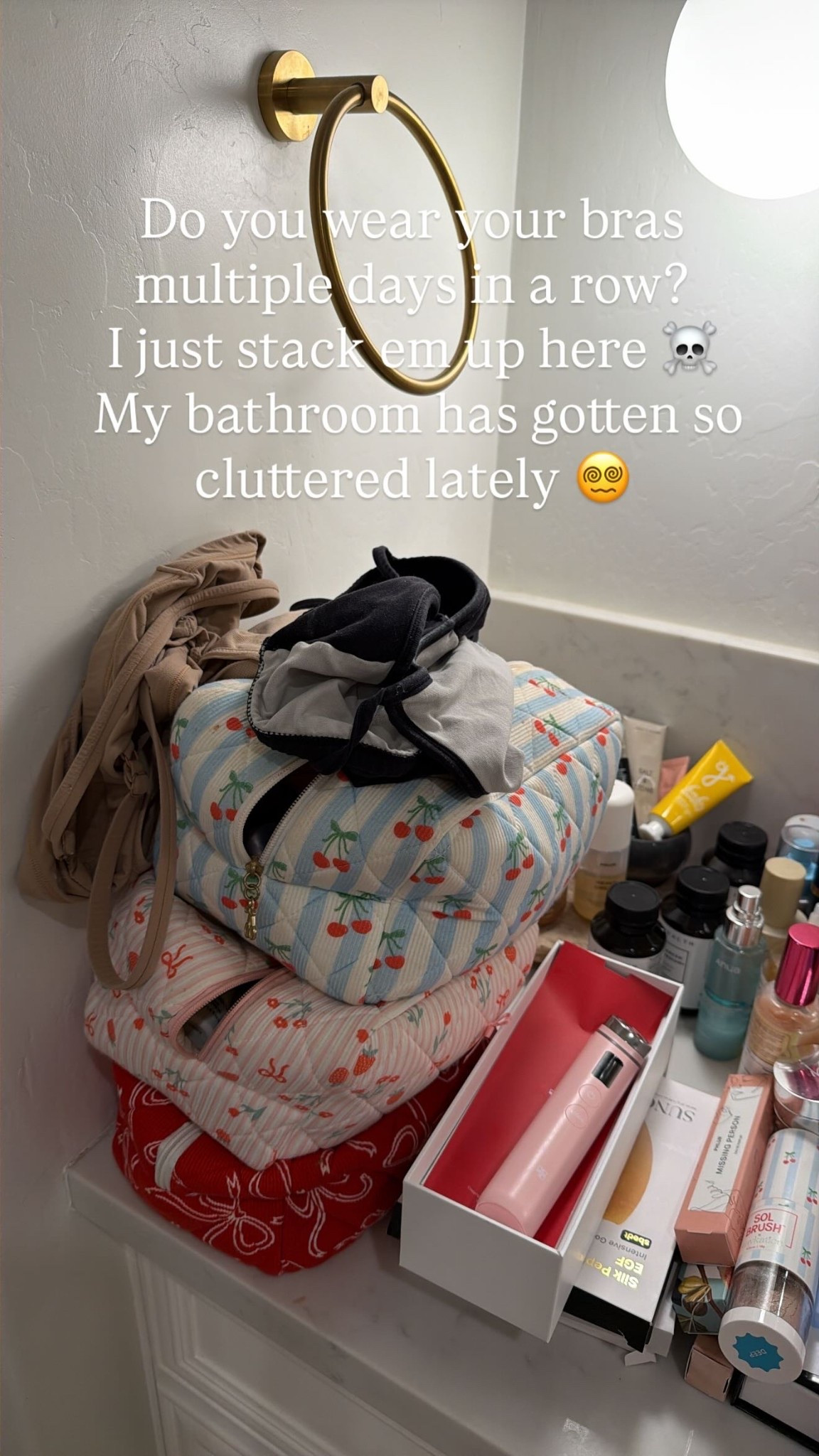Do you wear your bras multiple days in a row? 
I just stack em up here ☠️
 My bathroom has gotten so cluttered lately 😵‍💫