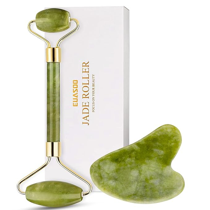 Jade Roller for Face, Jade Roller and Gua Sha Set, EUASOO 100% Real Natural Beauty Jade Facial Ro... | Amazon (US)