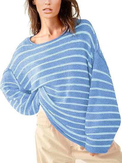 Women's Oversized Striped Fuzzy Pullover Tee Top Long Sleeve Round Neck Dropped Shoulders Sweater... | Amazon (US)