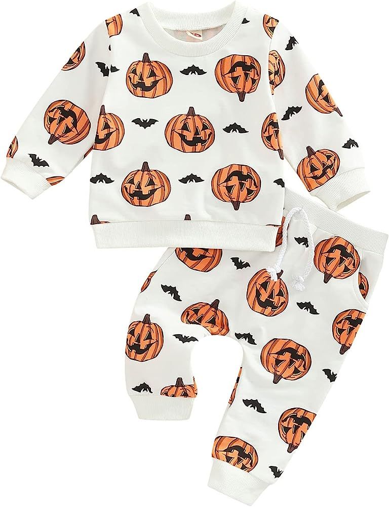 Newborn Baby Girl Boy Halloween Clothes Set Long Sleeve Pumpkin Sweatshirt Top Pant Cute Fall Winter | Amazon (US)