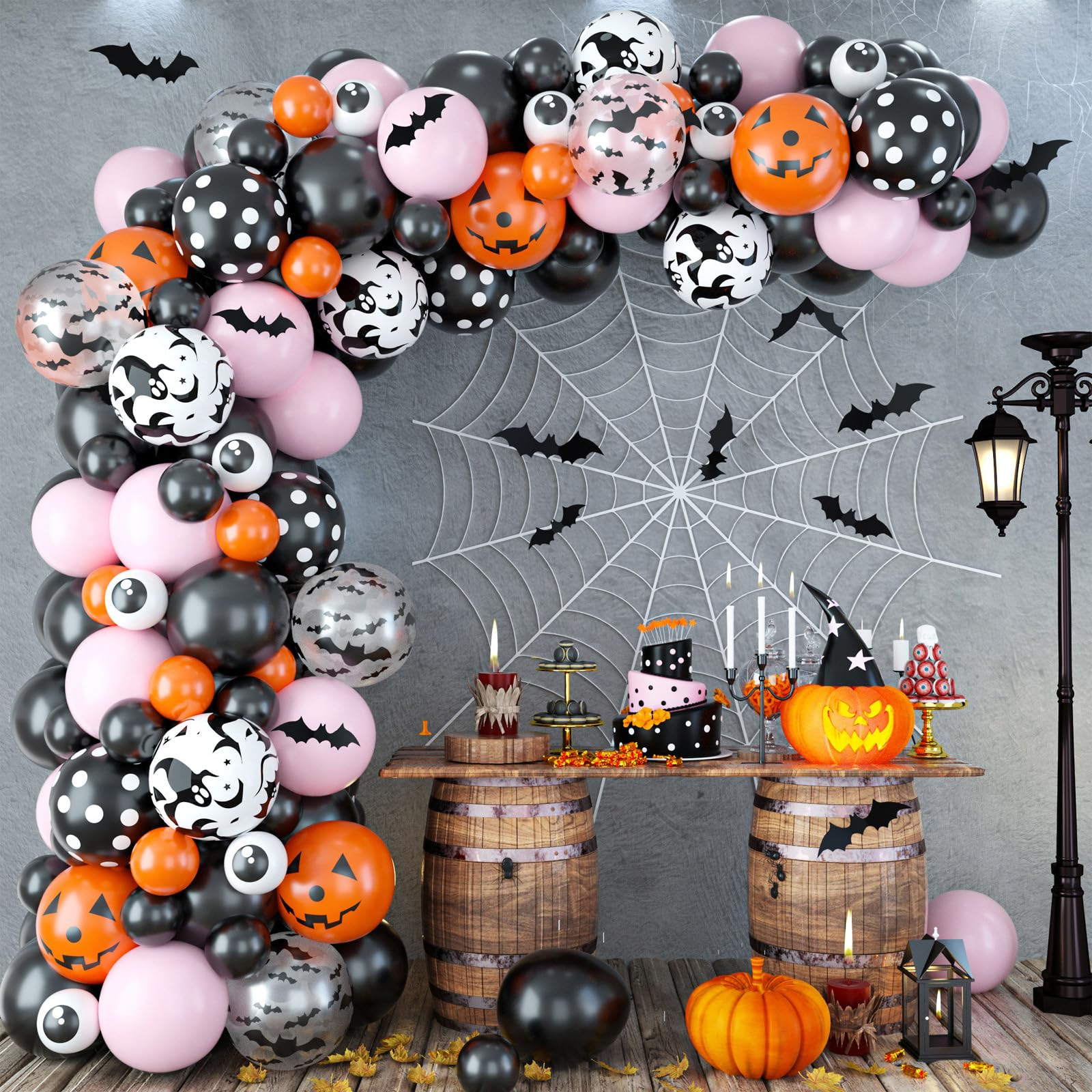 Halloween Balloon Garland Arch Kit Black Orange Pink Pastel Pink Balloon Polka Dot with 3D Bat Confetti Eyeball 35inch Bat Foil Balloon with Spiderweb for Halloween Party Decorations Supplies DIY | Amazon (US)