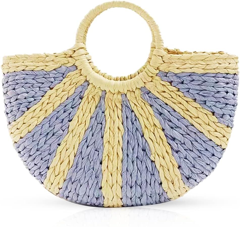Semi-circle Rattan Straw Handbags, Hand-woven Women Summer Retro Straw Tote Bag Crossbody Bag, Co... | Amazon (US)