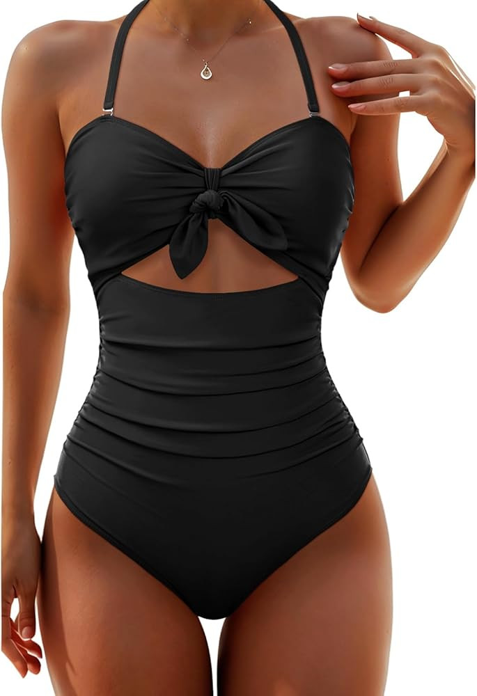 Tempt Me Women Sexy Cutout One Piece Swimsuits Tummy Control High Waisted Halter Front Tie Knot B... | Amazon (US)