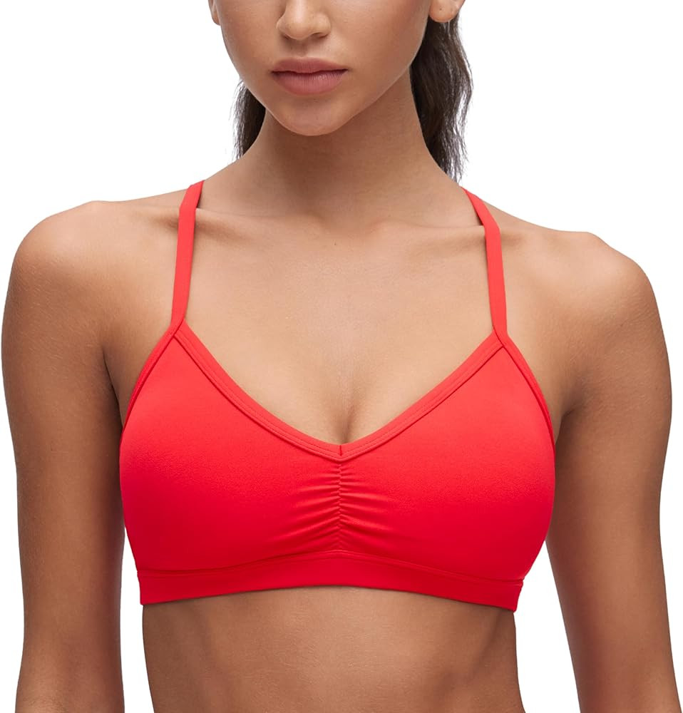 CRZ YOGA Butterluxe Ruched Sports Bras for Women - V Neck Spaghetti Thin Strap Y Back Wireless Pa... | Amazon (US)