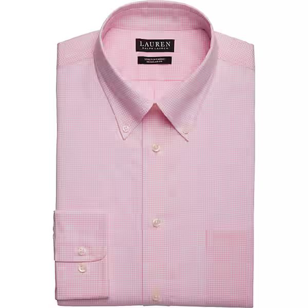 Lauren By Ralph Lauren Men's UltraFlex Regular Fit Button-Down Collar Dress Shirt Pink Gingham - Siz | The Men's Wearhouse