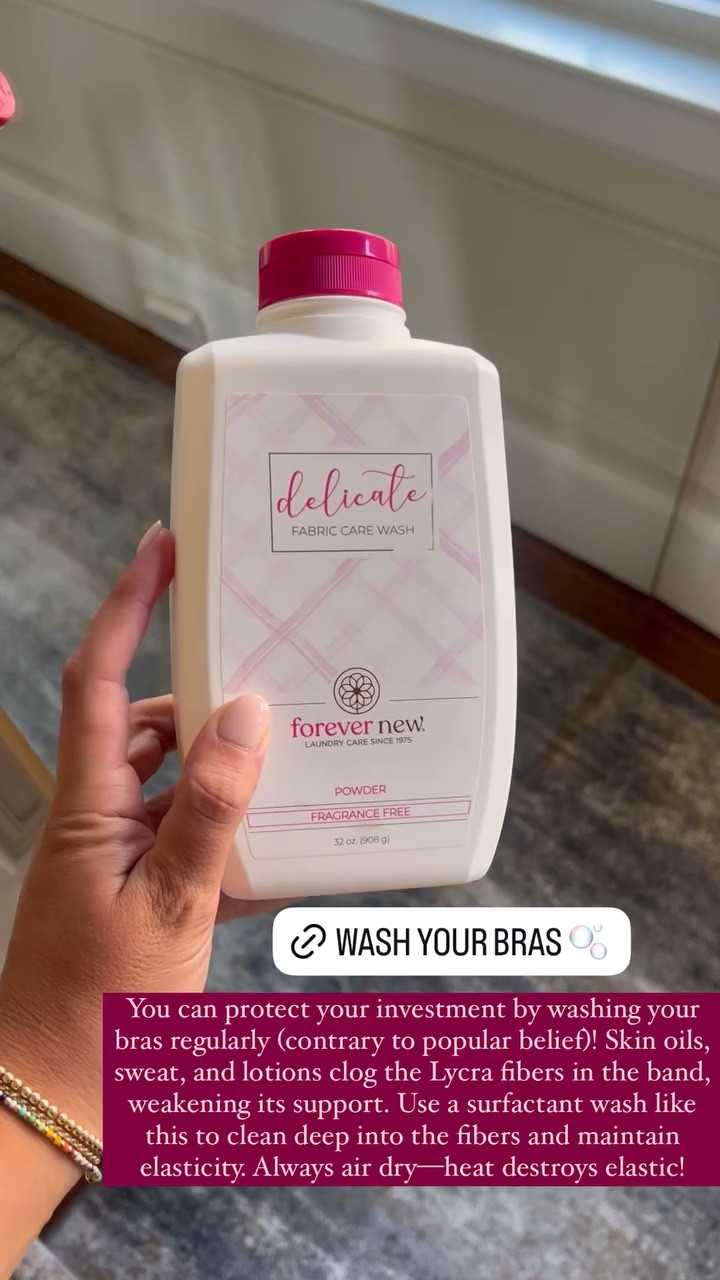 @forevernewwash  You can protect your investment by washing your bras regularly (contrary to popular belief)! Skin oils, sweat, and lotions clog the Lycra fibers in the band, weakening its support. Use a surfactant wash like this to clean deep into the fibers and maintain elasticity. Always air dry—heat destroys elastic!

#LTKHome #LTKStyleTip