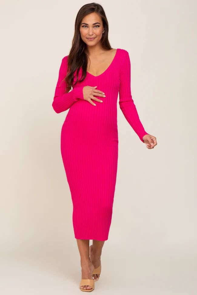 Fuchsia V-Neck Long Sleeve Fitted Maternity Maxi Dress | PinkBlush Maternity