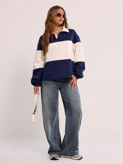 MUSERA Collared Striped Sport Jersey Sweatshirt Back To School Winter Cosy Cute Everyday Capsule ... | SHEIN