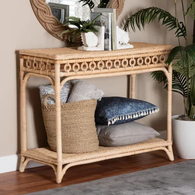 Bali & Pari Oxford Braided Natural Rattan Console Table With Open Shelf – Coastal Boho Entryway Or Hallway Accent Table With Decorative Loop Detailing | Wayfair North America