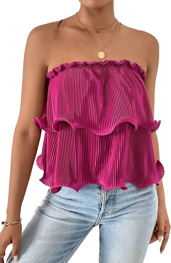 SOLY HUX Women's Frill Trim Tube Top Sleeveless Strapless Tiered Layer Tops | Amazon (US)
