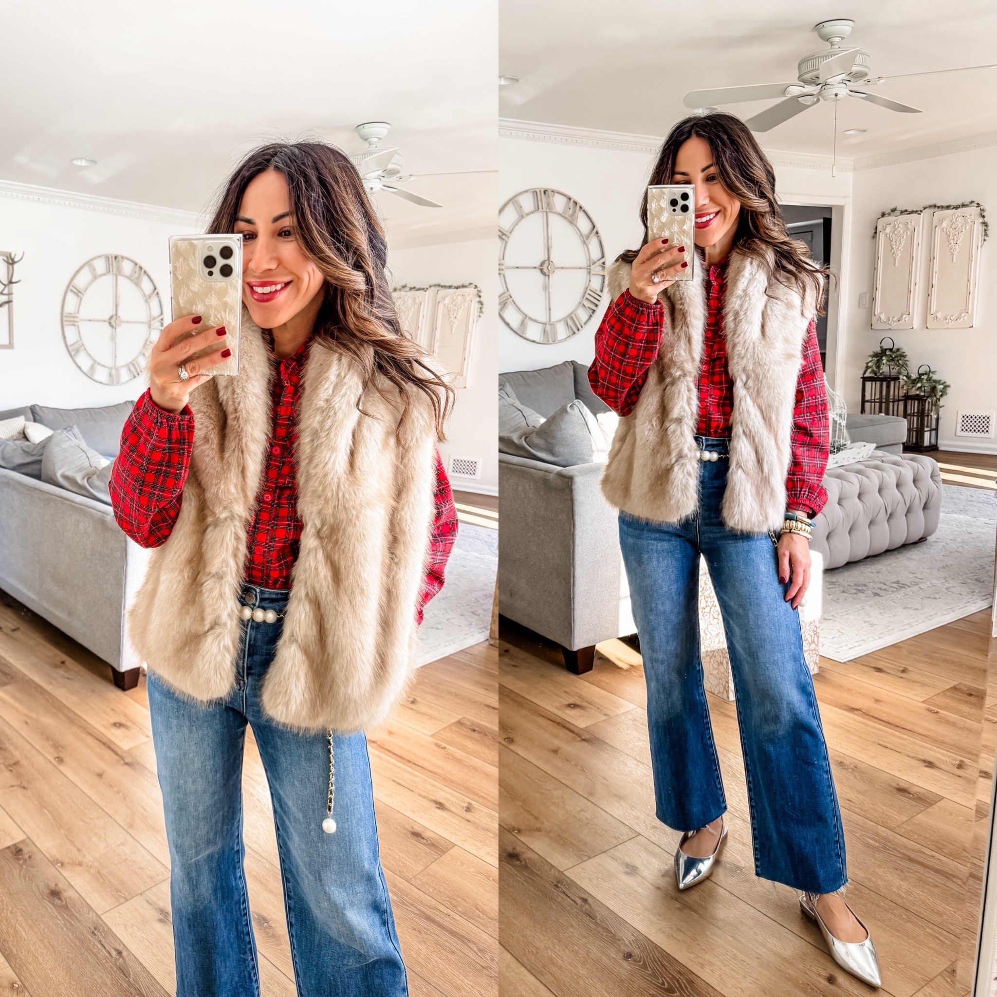 Small faux fur vest, small plaid top, 25 jeans, holiday outfit

#LTKHoliday #LTKOver40 #LTKFindsUnder100