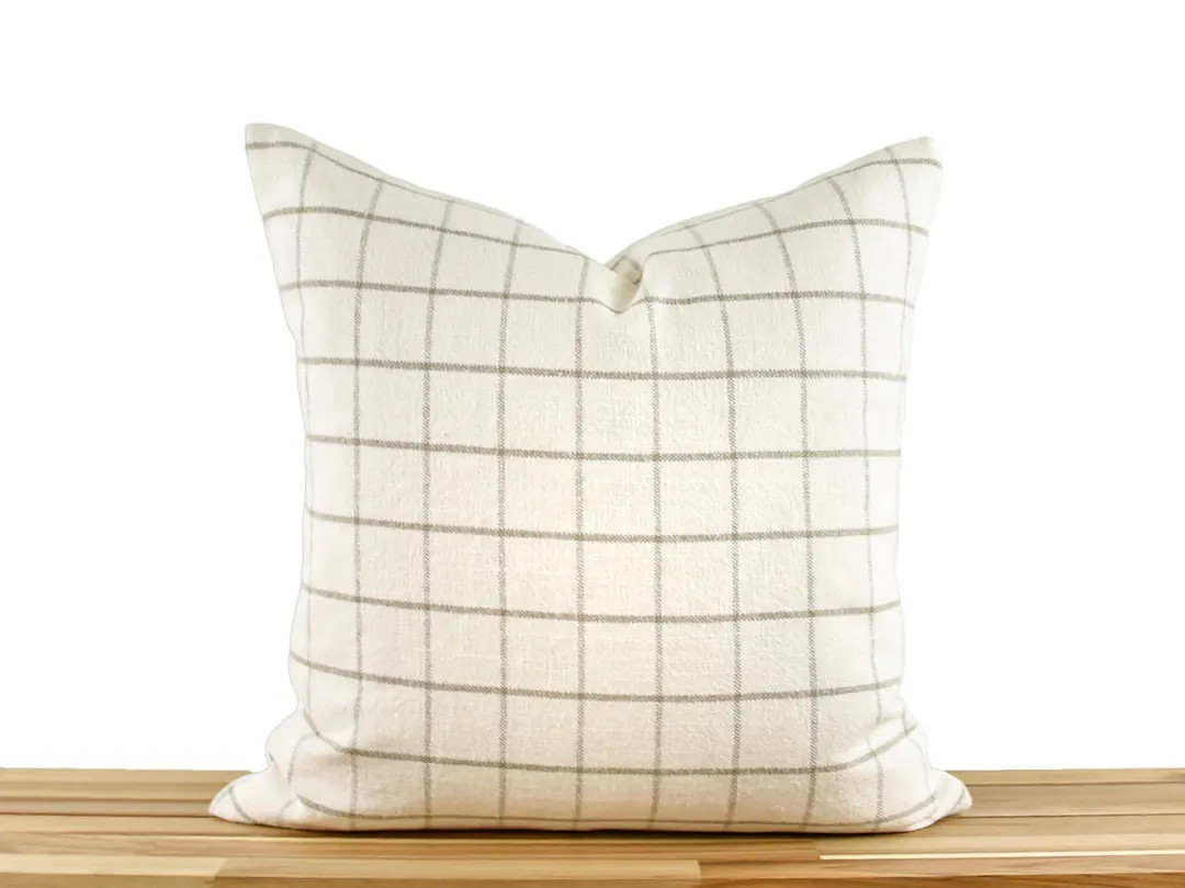 Off White and Tan Windowpane Pillow Cover, Neutral Farmhouse Decor - Etsy | Etsy (Global)
