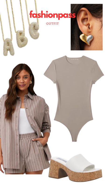 Fashionpass, good American, matching set, bodysuit, Abercrombie, initial necklace, spring outfit, heart earrings 