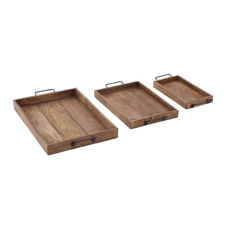 Set of 3 Farmhouse Slat Style Mango Wood and Iron Trays Brown - Olivia &#38; May | Target