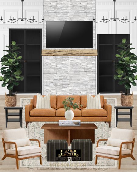 Transitional modern farmhouse living room ideas. Brown leather sofa, wood coffee table, upholstered accent chair, white rug, table vase, decor books, white throw pillow, black end table, black cabinets, faux olive tree in rattan tree planter pot, black living room chandelier, black stripped pouf ottoman. 

#LTKhome #LTKstyletip #LTKFind