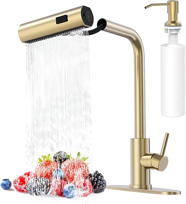 Brushed Gold Waterfall Kitchen Faucets with Pull Down Sprayer & Soap Dispenser, Single Hole & Han... | Amazon (US)