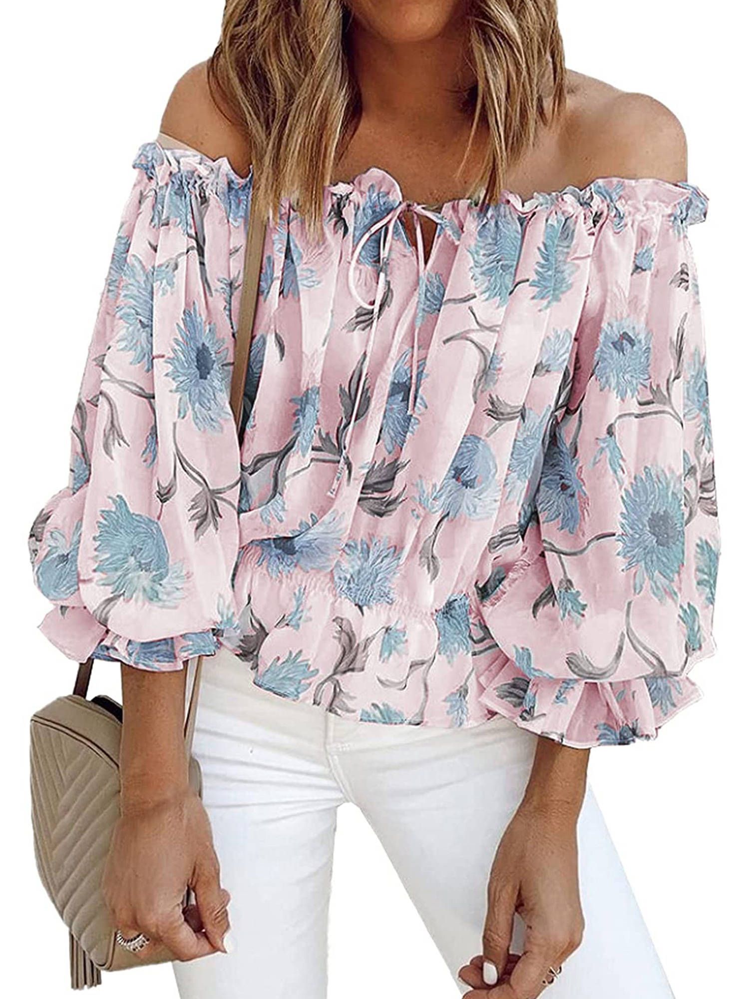 GeweYeeli Women Off Shoulder Long Sleeve Top Boat Neck Floral Printed Ruffle Loose Blouse, Pink X... | Walmart (US)