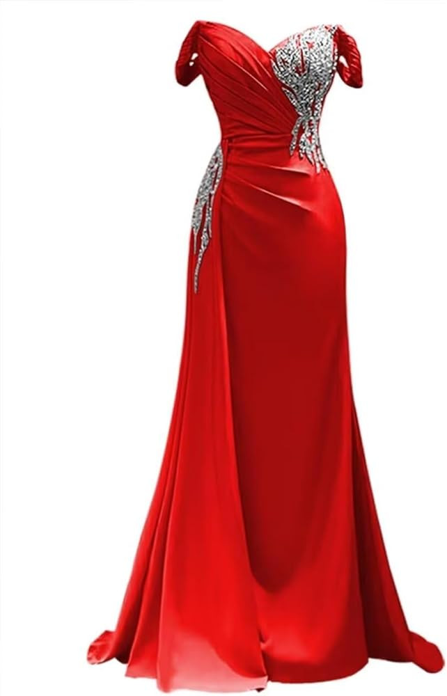 RYANTH Women's Satin Prom Dresses 2025 Beaded Mermaid Formal Dresses Ruched Evening Dress with Train RHH044 | Amazon (US)