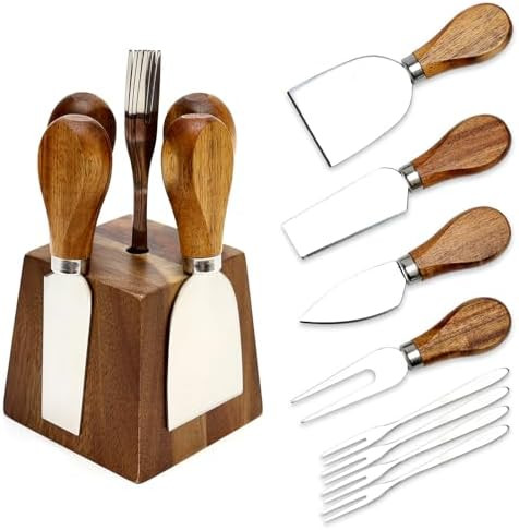 9 Pack Cheese Knives with Holder Acacia Wood Charcuterie Serving Utensils Supplies Cheese Knife S... | Amazon (US)