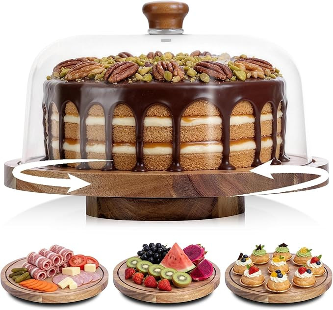 Acacia Wood Cake Stand with Lid, 12in Wooden Cake Stand with Acrylic Dome, Cake Display Stand wit... | Amazon (US)