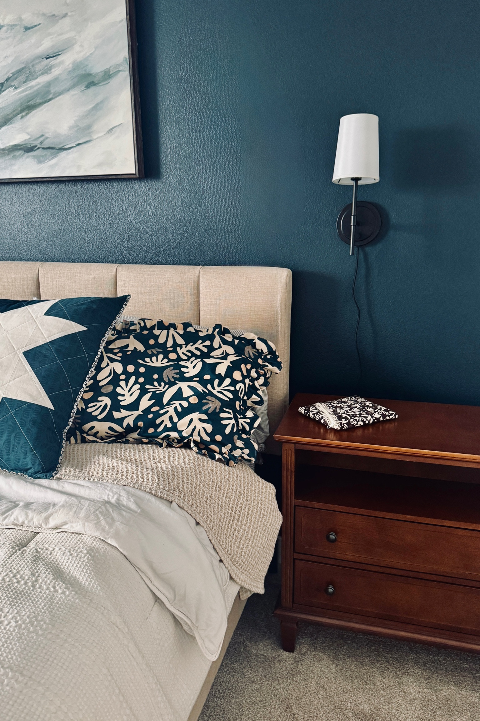 Simple bedroom decor with some blue! I love these nightstands so much! They also have outlet plug ins in the back. This comforter and blanket from pottery barn are the best and have amazing quality 

#LTKHoliday #LTKHome #LTKCyberWeek