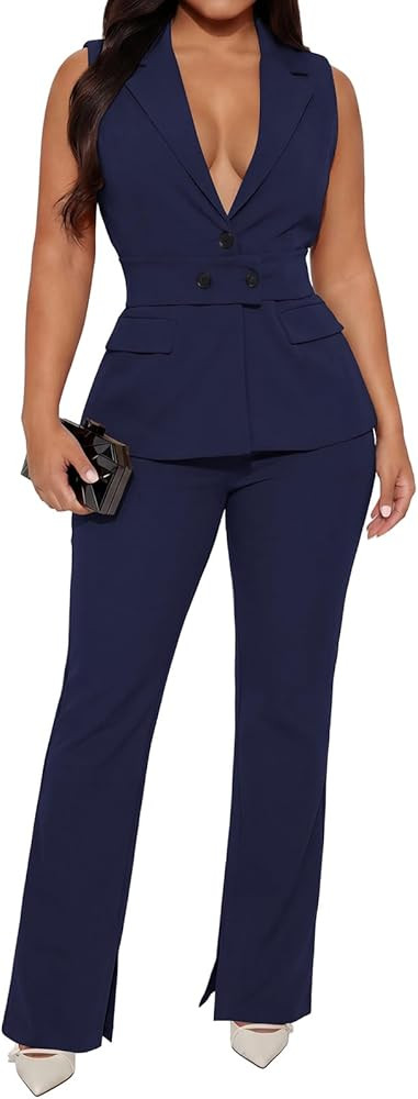 kaimimei Womens Suits 2 Piece Set Business Dressy Sleeveless Vest and Slit Pants Casual Office Wo... | Amazon (US)