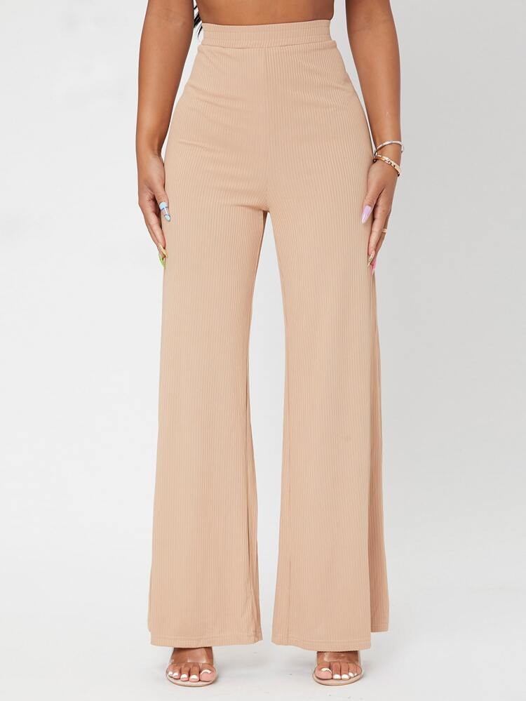 SHEIN PETITE Solid Rib-knit Wide Leg Pants | SHEIN
