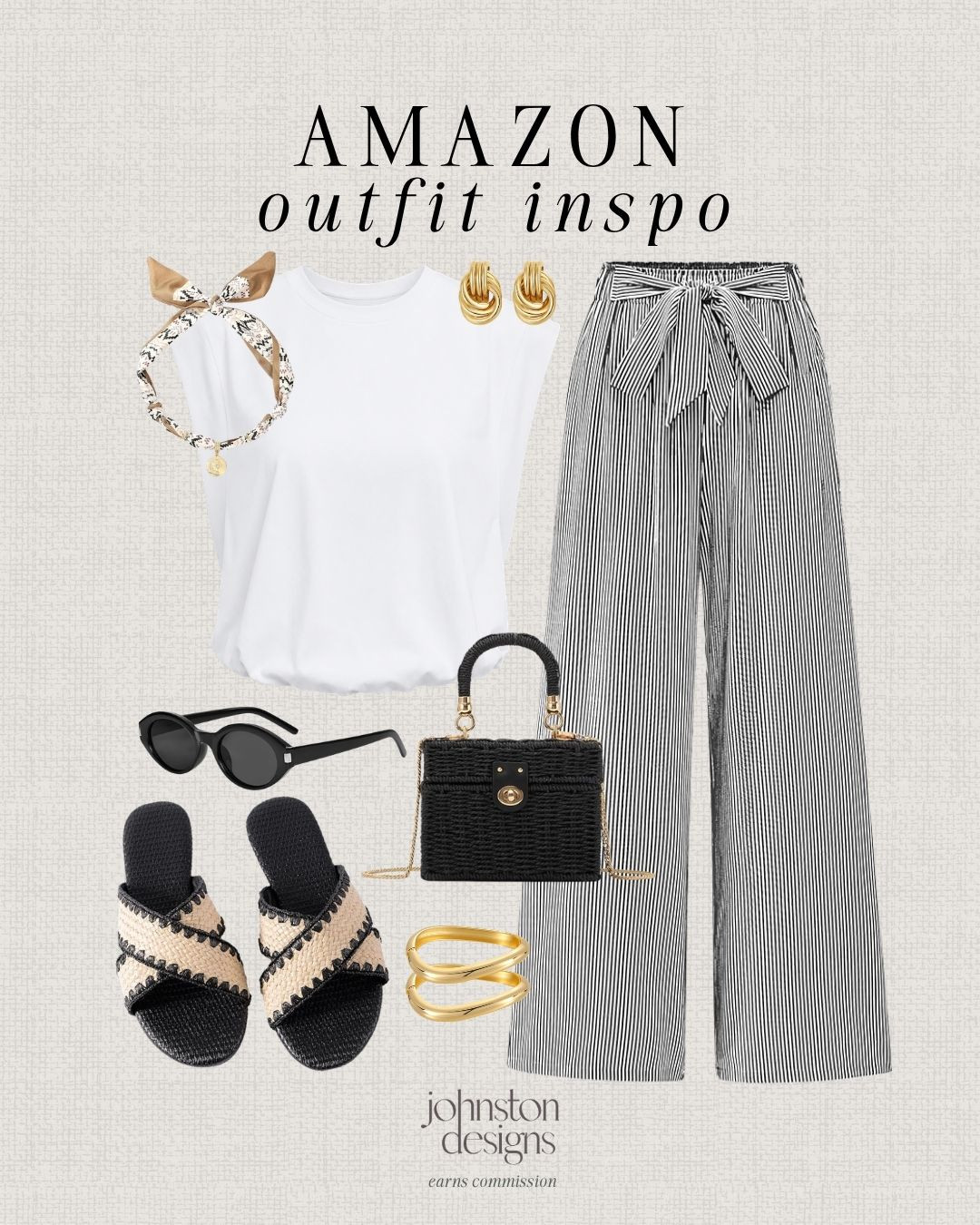 Amazon outfit inspo with striped wide-leg pants, a classic white top and black woven accessories. 🖤

Amazon outfit inspo, striped wide leg pants, white sleeveless top, black woven bag, raffia slide sandals, black sunglasses, scarf necklace, gold statement earrings, gold bangle bracelet, casual summer style, vacation outfit idea, neutral Amazon fashion, warm weather look, chic everyday outfit 

 #LTKootd