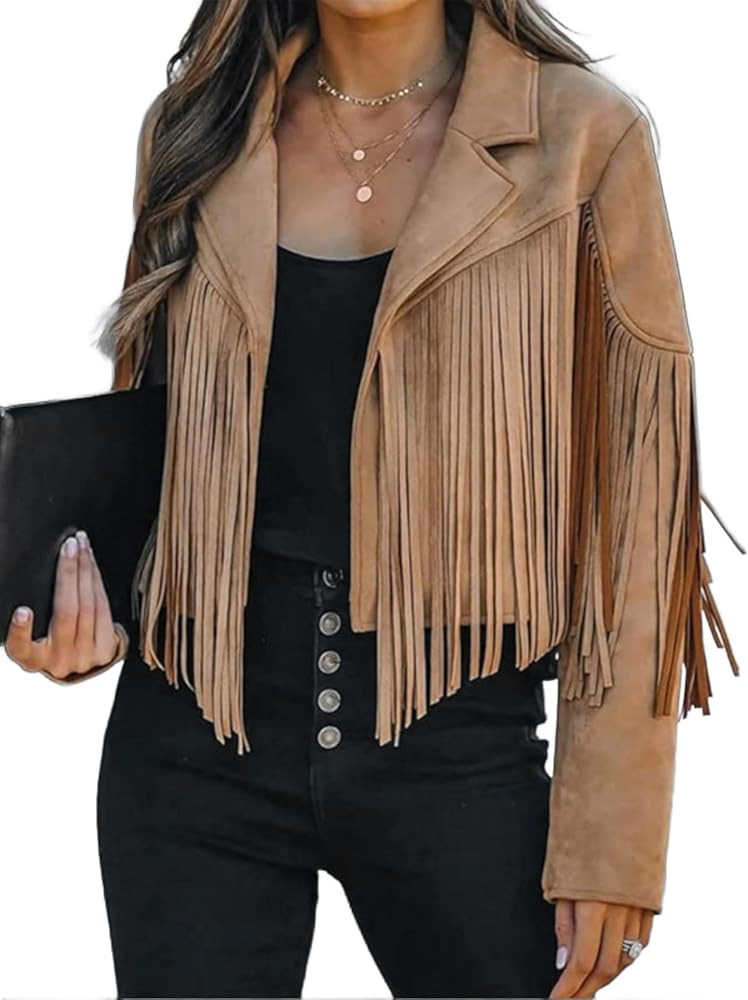 Faux Suede Leather Jackets For Women Trendy Fall Western Fringe Cropped Jacket 2025 Tassel Motorc... | Amazon (US)