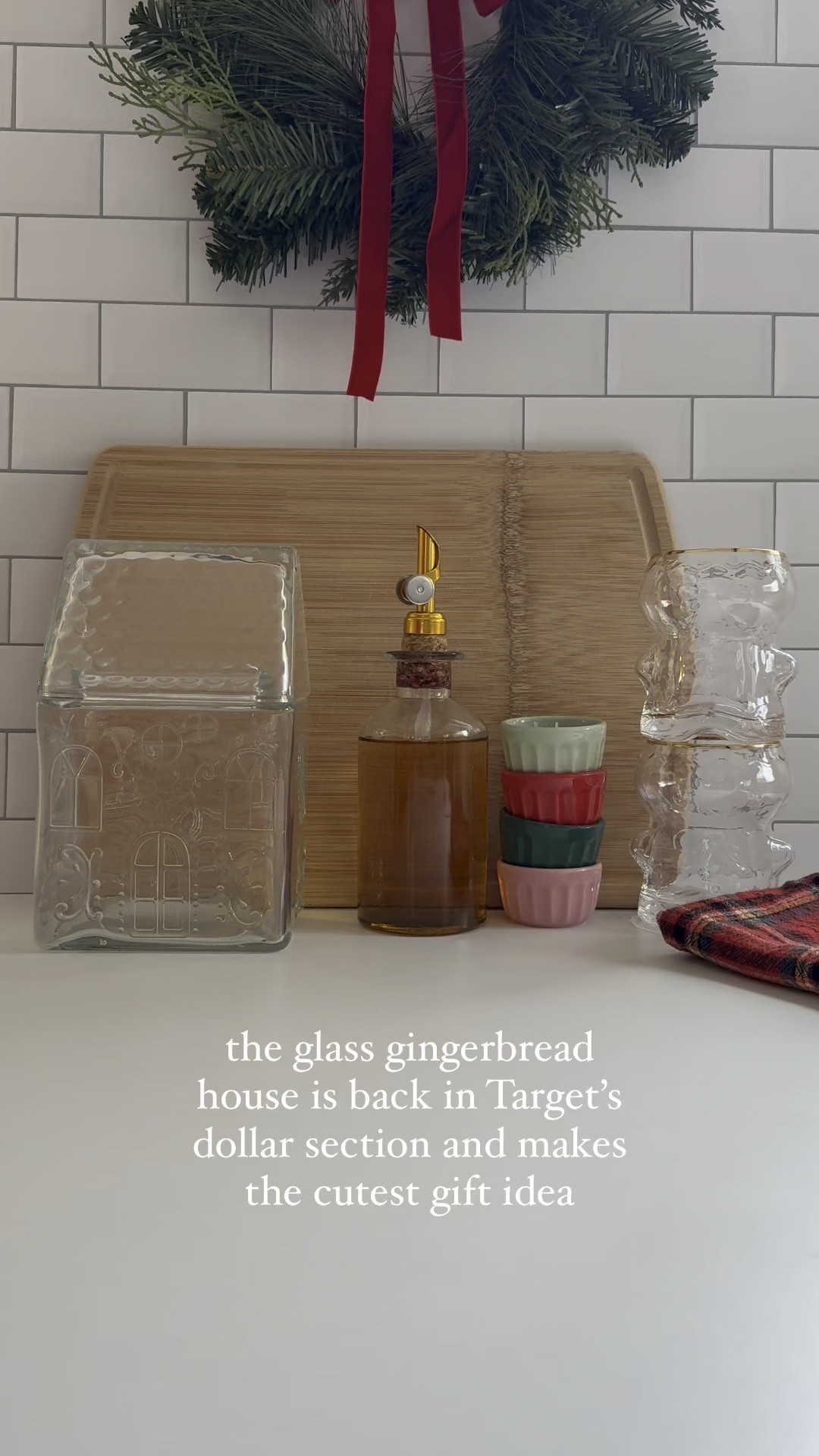 Glass gingerbread house at target 
Colorful ramekins from world market 
Gingerbread glasses from anthro 
Wreath from Target 