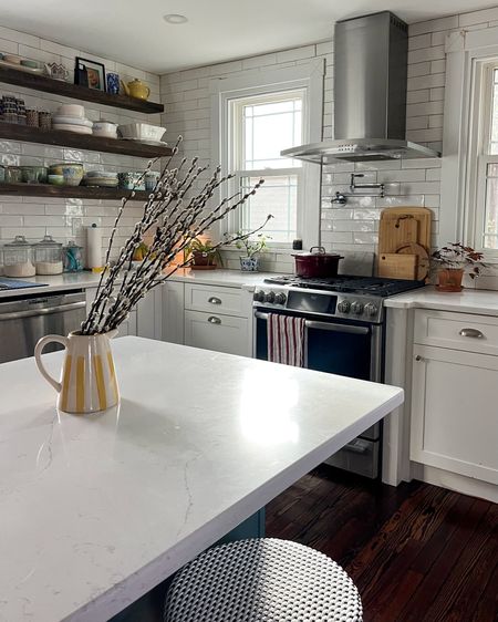 It’s not often my counters are clear enough to take a picture… we always seem to have papers, etc. everywhere! I bought this yellow striped pitcher over the summer & love the bright spot it adds! I’m thinking about giving my open shelving a little winter refresh! 

#LTKhome #LTKfindsunder100 #LTKfindsunder50