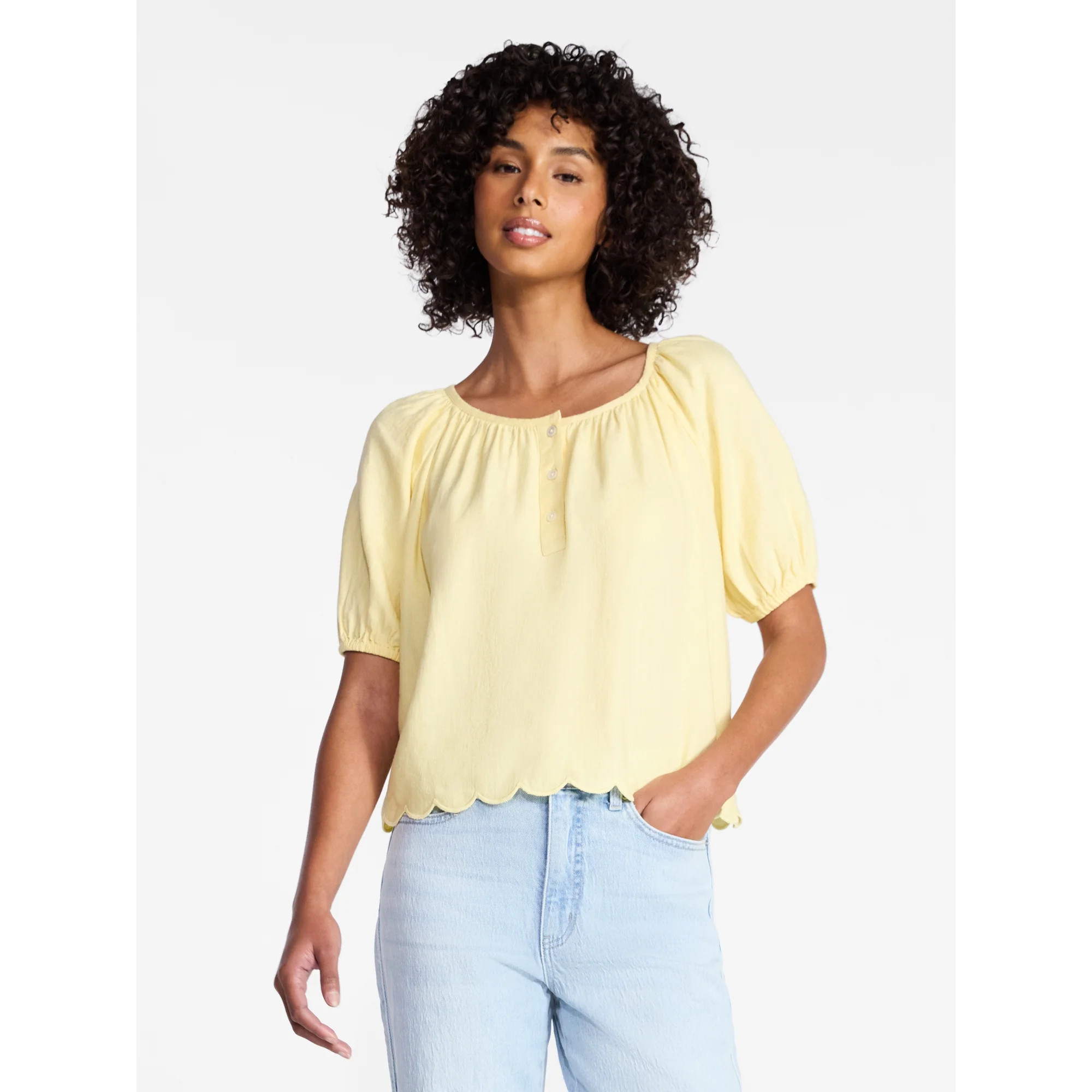 Time and Tru Women's Linen Blend Blouse with Scalloped Hem, Sizes XS-XXXL | Walmart (US)