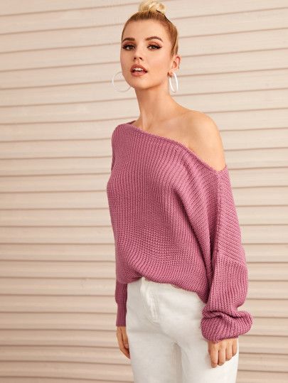 Solid Boat Neck Drop Shoulder Sweater | SHEIN