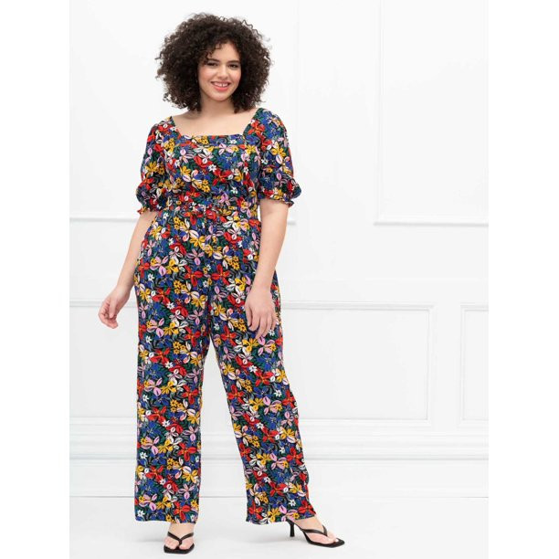 ELOQUII Elements - ELOQUII Elements Women's Plus Size Square Neck Floral Print Puff Sleeve Crop T... | Walmart (US)