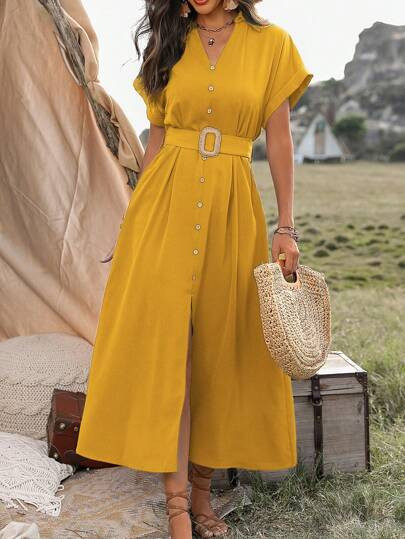 SHEIN Clasi Women Summer Short Sleeve Button Down Waist Belted Dress Maxi Women Outfit | SHEIN