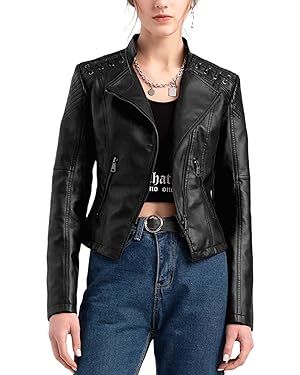 FHQueen Women's Faux Leather Jacket Varsity Moto Biker Bomber Jackets Casual Lightweight Outerwea... | Amazon (US)