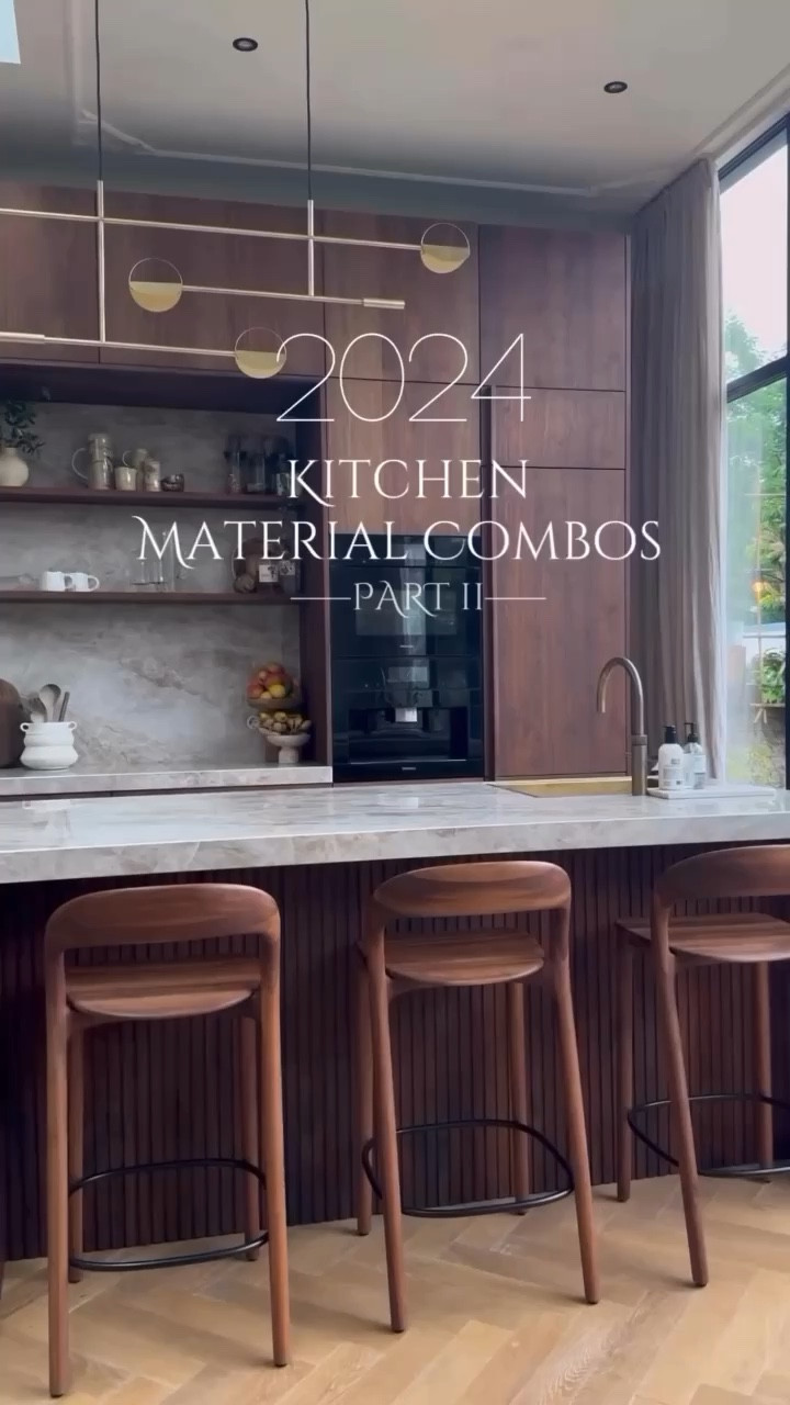 Love an aesthetic kitchen with dark wood 🤎 shop featured stools and beautiful brass light fixture! #kitchendesigns #trendinghomedecor 

#LTKVideo #LTKHome #LTKFamily