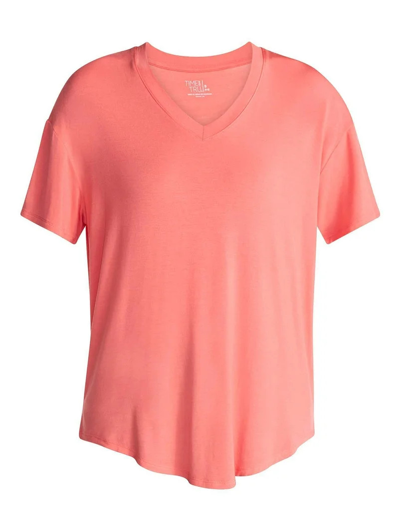 Time and Tru Women's V-Neck Tunic Tee with Short Sleeves, Sizes XS-XXXL | Walmart (US)