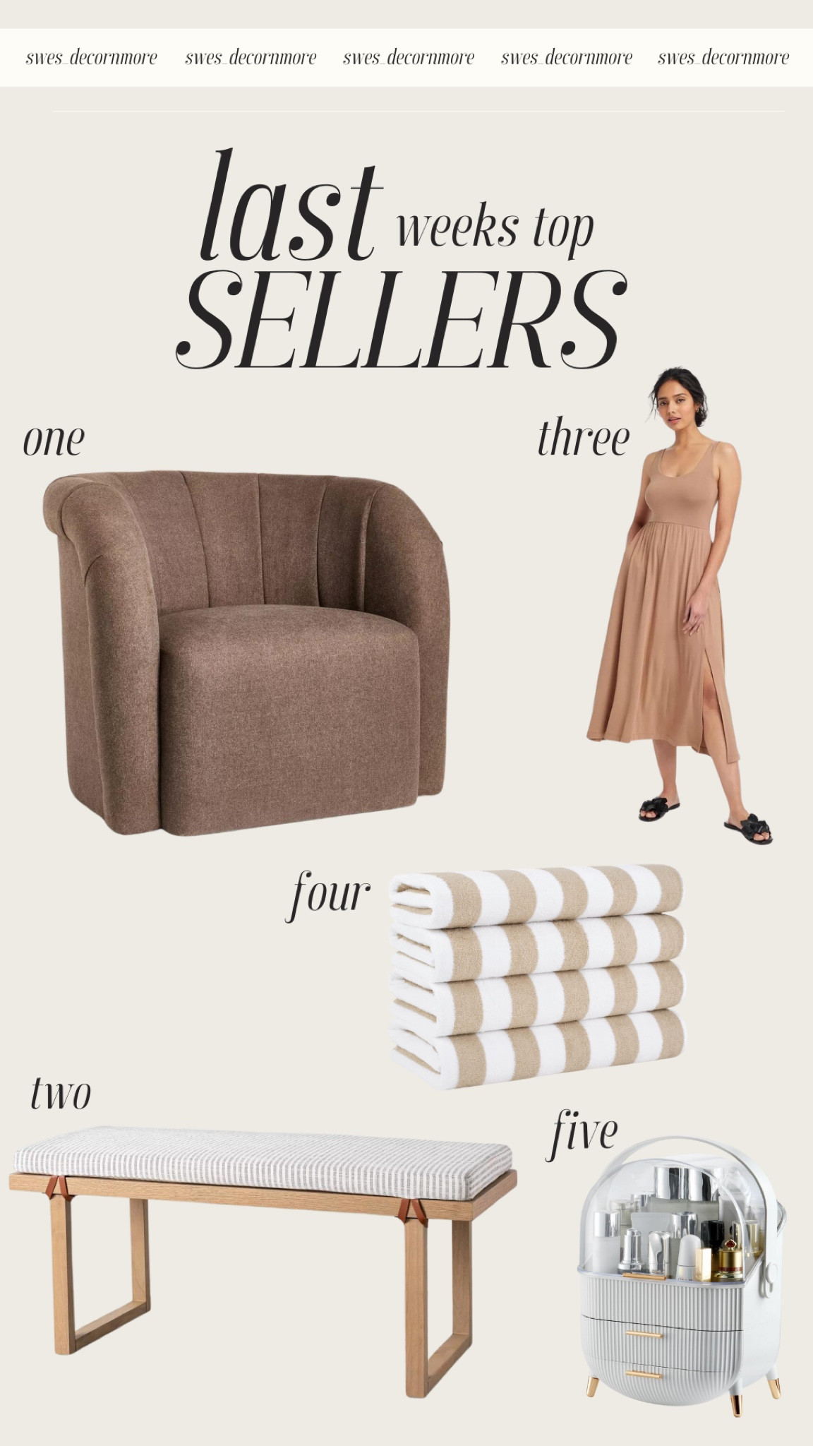 Here is last weeks top sellers! This curved accent chair in velvet is a statement piece of furniture, love this  natural wood bench and it is perfect for entry way sitting, this midi ballet dress is great for the rest of summer and a transitional piece for fall and these are all three from Target! These California Cabana beach towels are soft and fast drying which makes them perfect for the pool and in fifth place this makeup organizer is cute and stylish for the counter to stool your go to makeup favorites! 

#LTKBeauty #LTKSeasonal #LTKHome