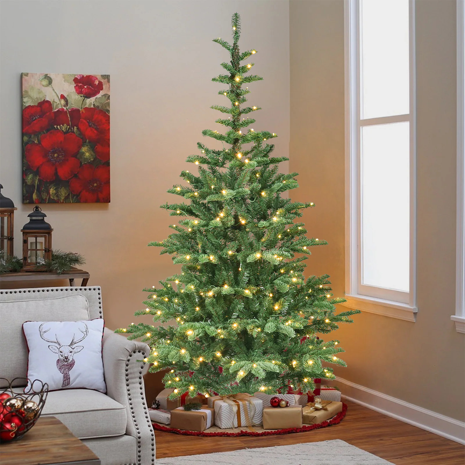 Huluwat 7ft Pre-Lit Christmas Tree with 400 Warm White LED Lights 941 PE and PVC Tips Realistic Layered Look Unique Wooden Base Stainless Steel | Lowe's