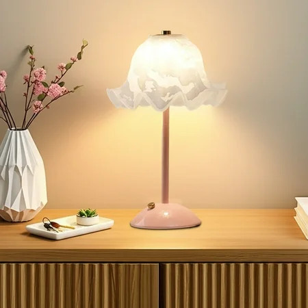Foqnuq Bedside Lamp, Table Lamp - Pink Flower Petal Rechargeable Touch LED Night Light, 3-Color Remote Dimmer, USB 1200mAh, Romantic Decor | Walmart (US)