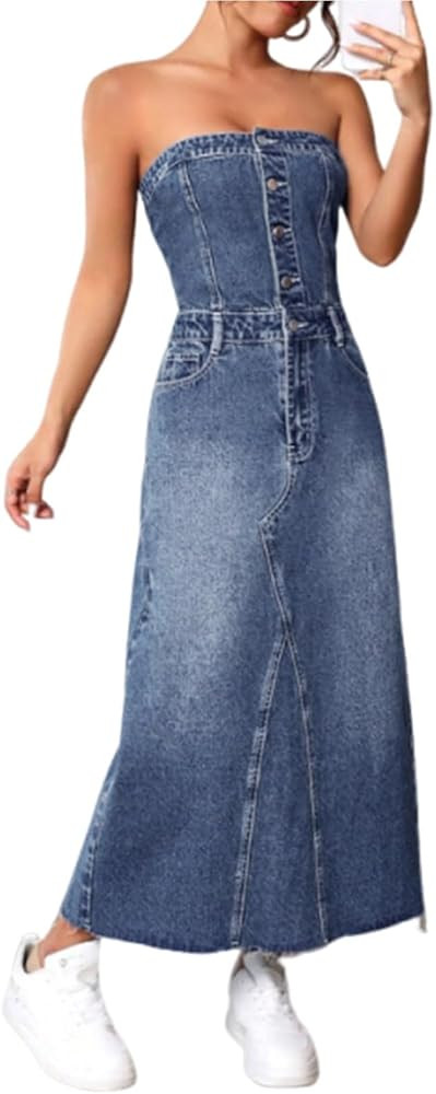 utcoco Denim Dress for Women Sexy Strapless Denim Tube Tops Back Smocked Jean Dresses for Women 2... | Amazon (US)